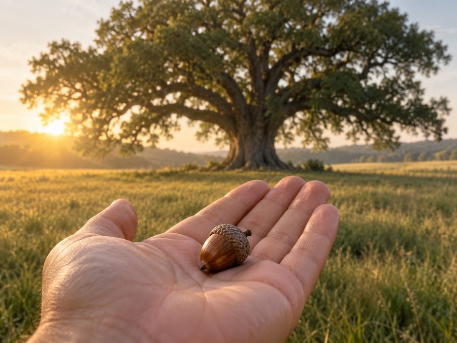 An acorn held in an open palm before a great oak in a sunlit field